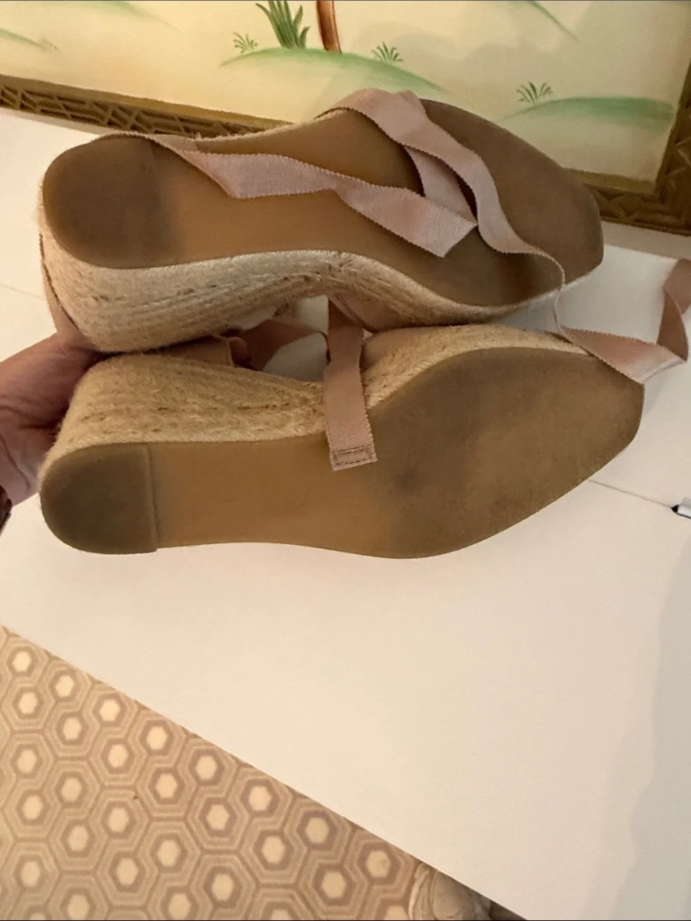 Zara Taupe Espadrille Wedge Sandals with Ankle Ribbon
